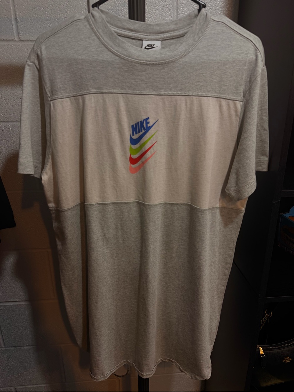 Nike Short-Sleeve Gray and Cream Colorblock Tee with Multi-Color Logo